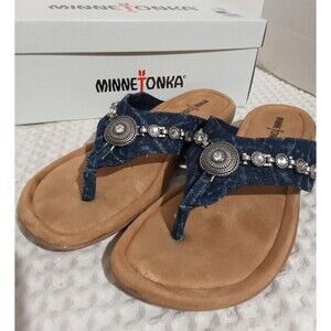 Minnetonka Silverthorne 360 Thong Sandal Size 10 Blue Denim Flip Flops Shoes
